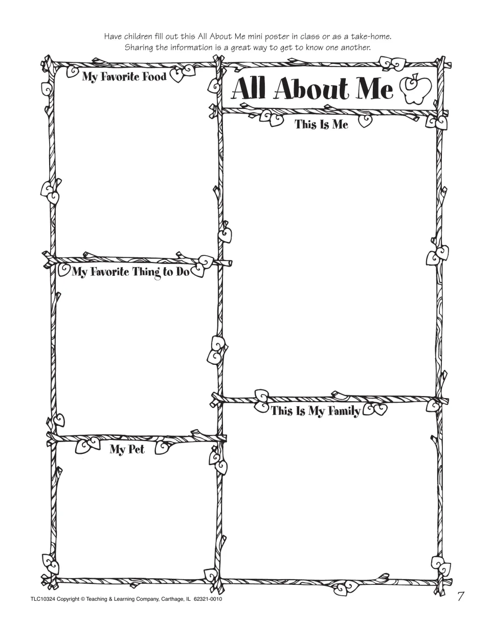 All About Me mini poster: students draw or write about themselves, their family, favorite food, favorite activity and pet