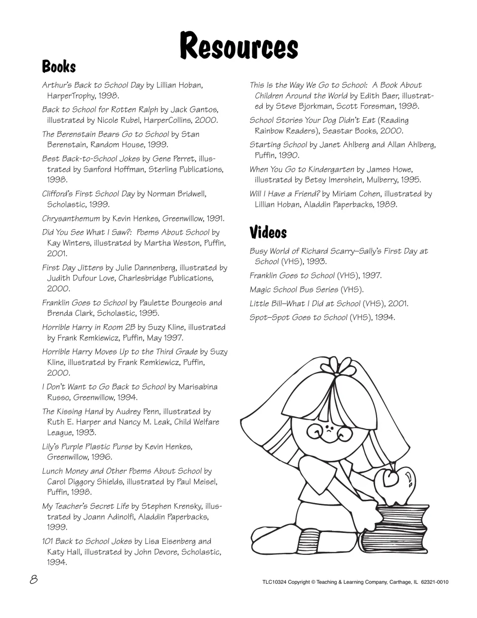 Resources list of back-to-school books such as The Kissing Hand and Chrysanthemum, plus five videos