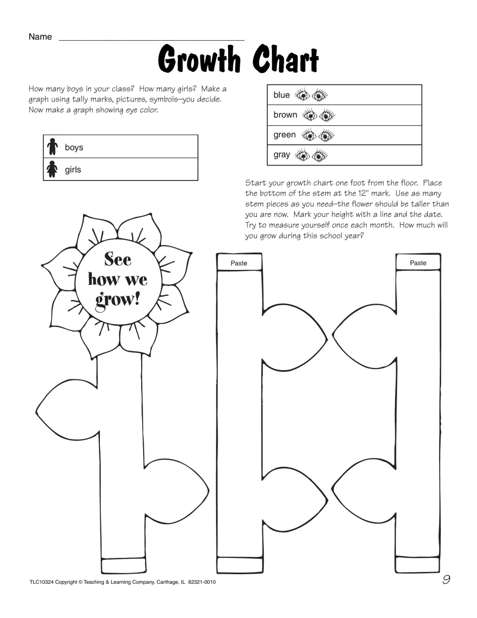 Growth chart: students graph boys and girls and eye colors, then assemble cut-out flower and stem pieces to track height