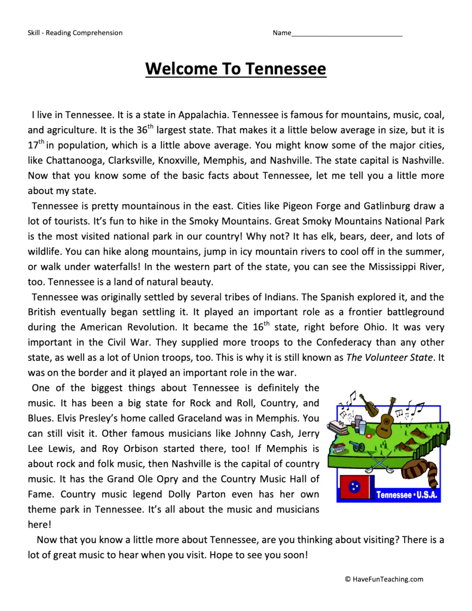 Welcome to Tennessee reading passage on its mountains, history, Volunteer State nickname and music