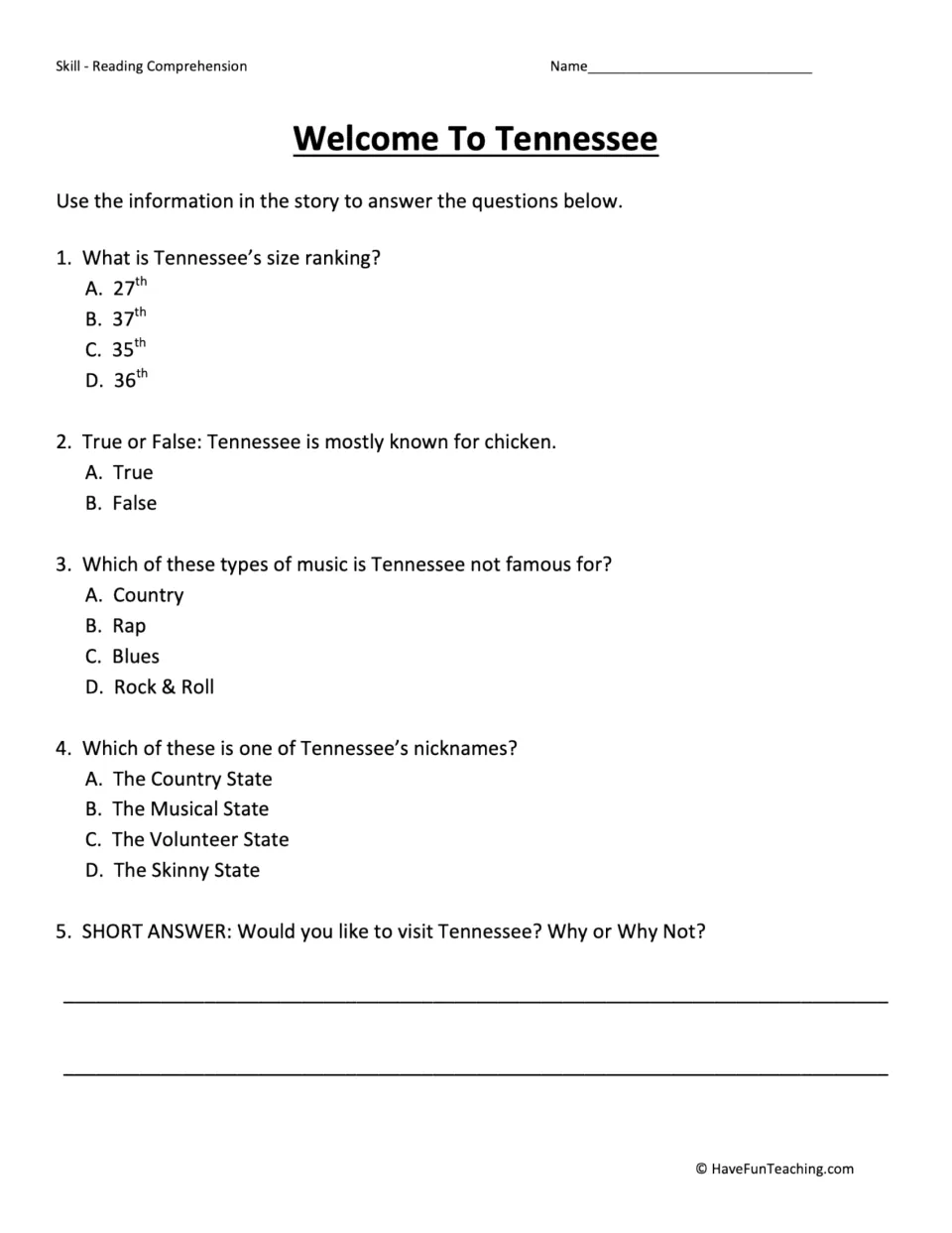 Tennessee comprehension questions: students answer four multiple-choice items and one short answer on visiting the state