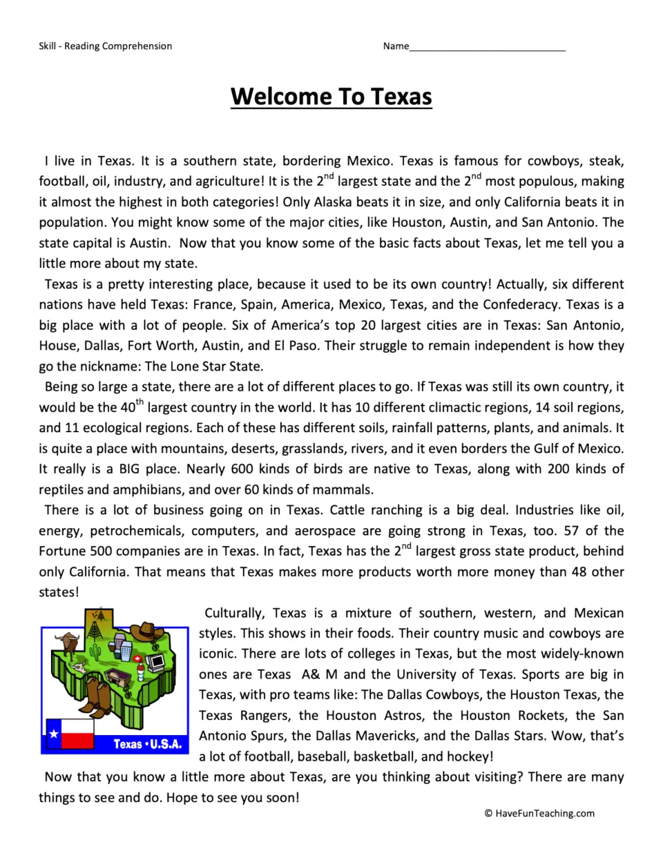 Reading passage about Texas covering its size, history, geography, industries, culture, and sports teams.