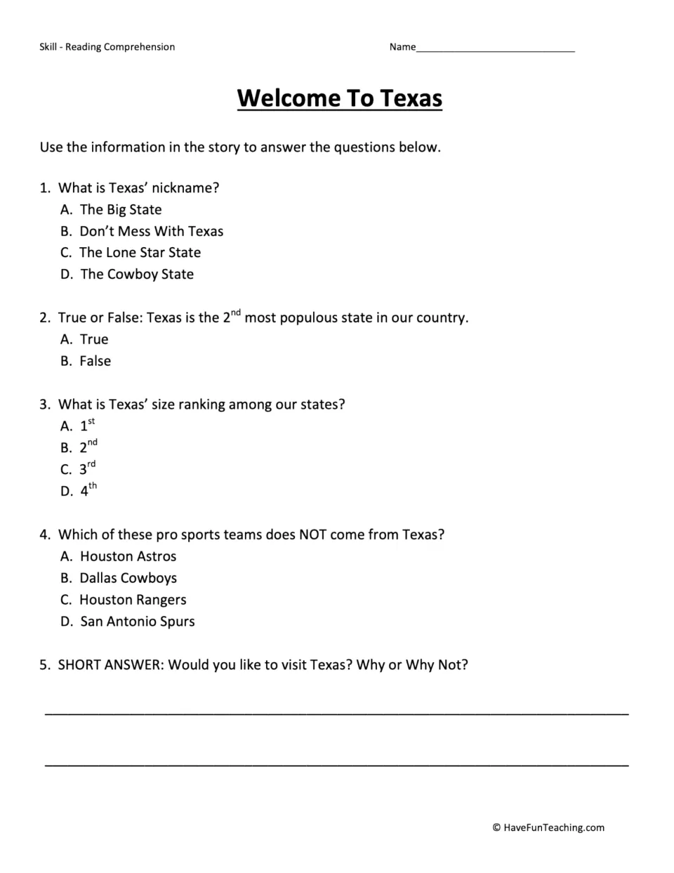 Five comprehension questions about Texas: nickname, population, size, sports teams, and a visit preference.
