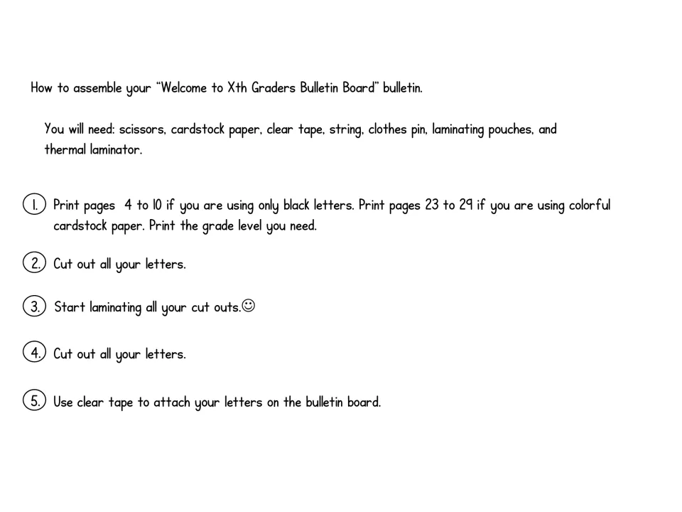 Assembly directions: supply list of scissors, cardstock, tape and laminator, then 5 steps to print, cut, laminate and hang