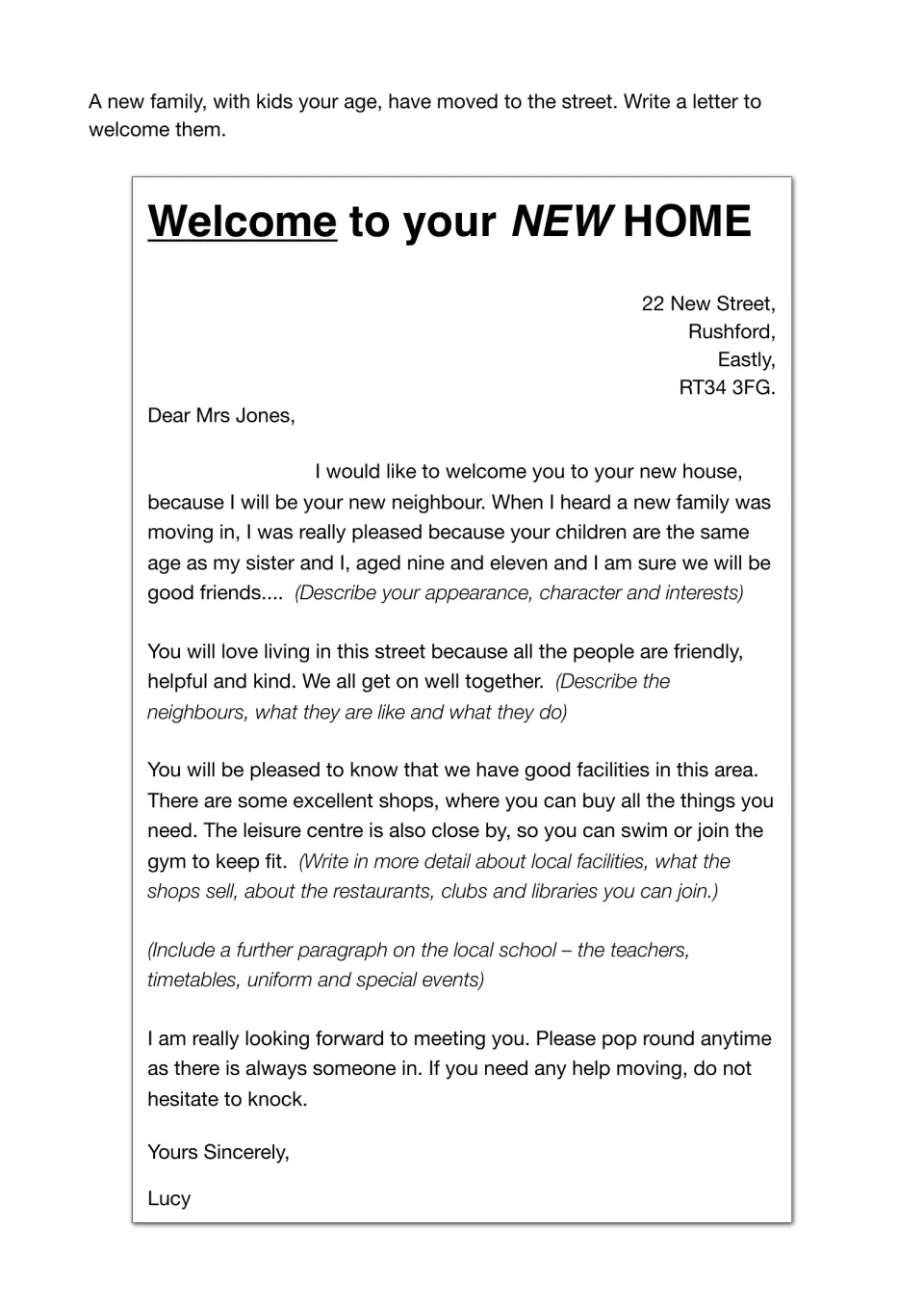 Model welcome letter to Mrs. Jones, with prompts to describe yourself, neighbors, local facilities, and school