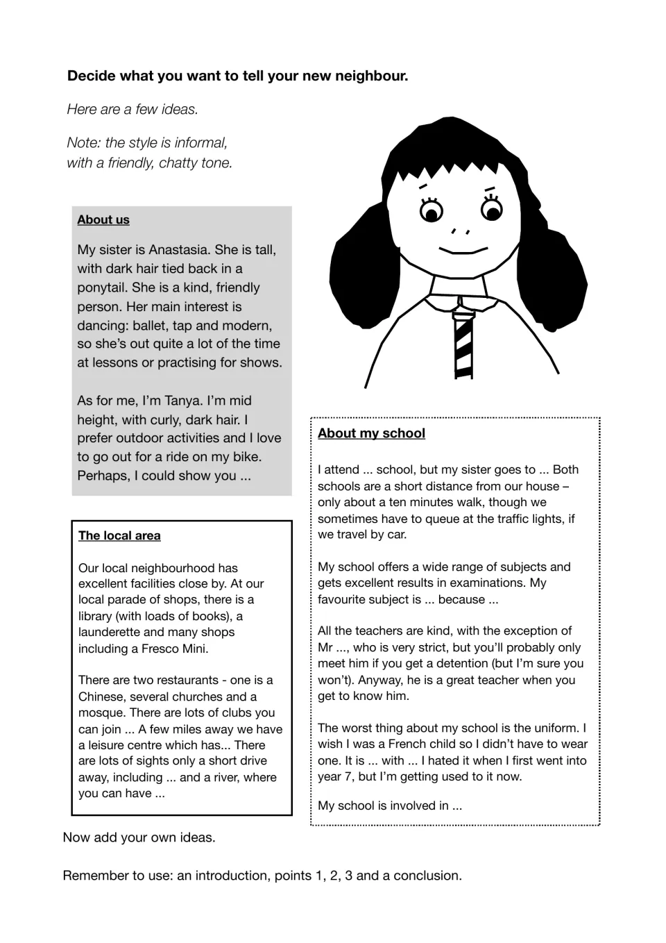 Welcome-letter ideas about yourself, the local area, and school, with guidance for a friendly, chatty tone