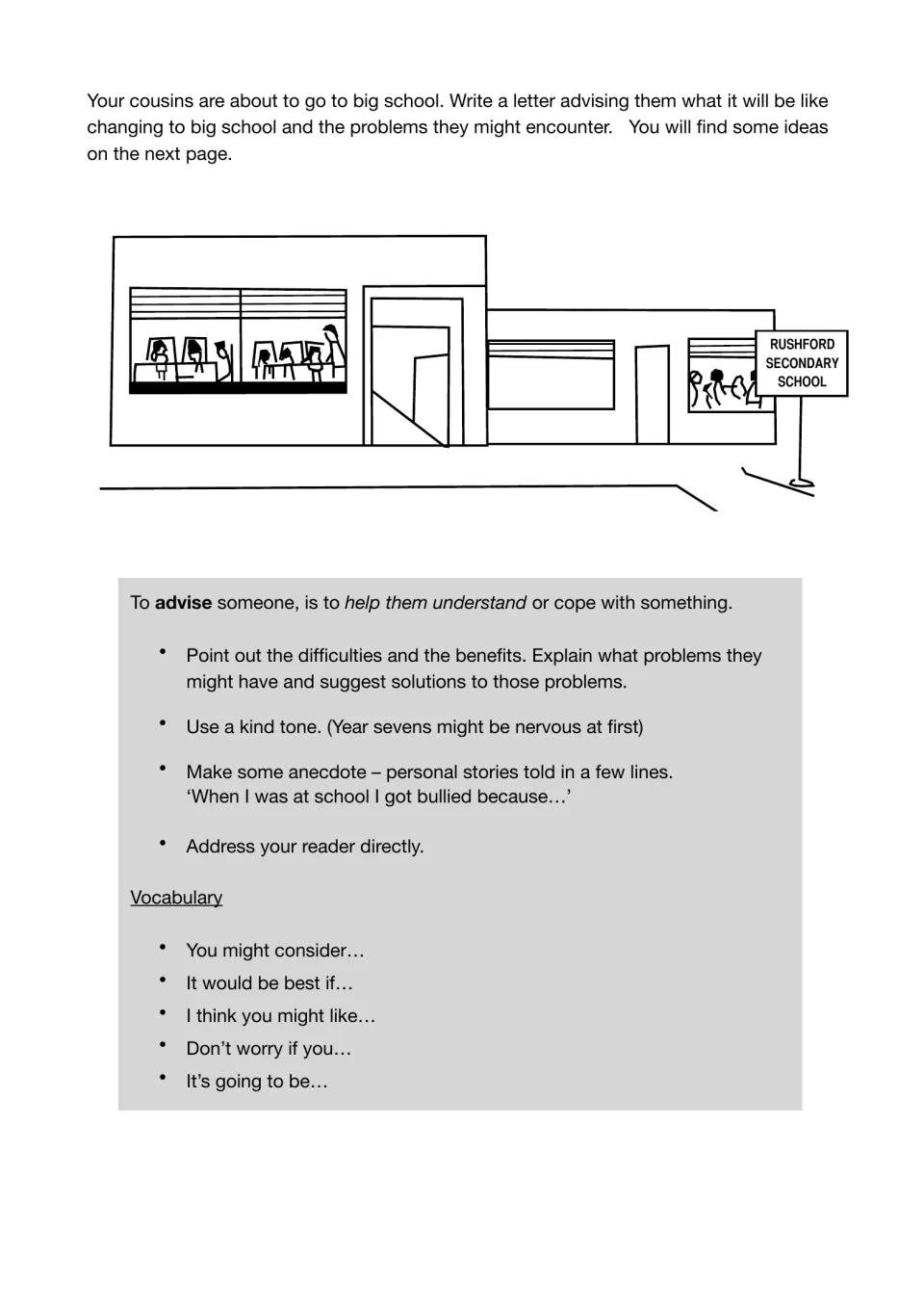 Advice-letter task for cousins starting secondary school, with tips on kindness, anecdotes, and solutions