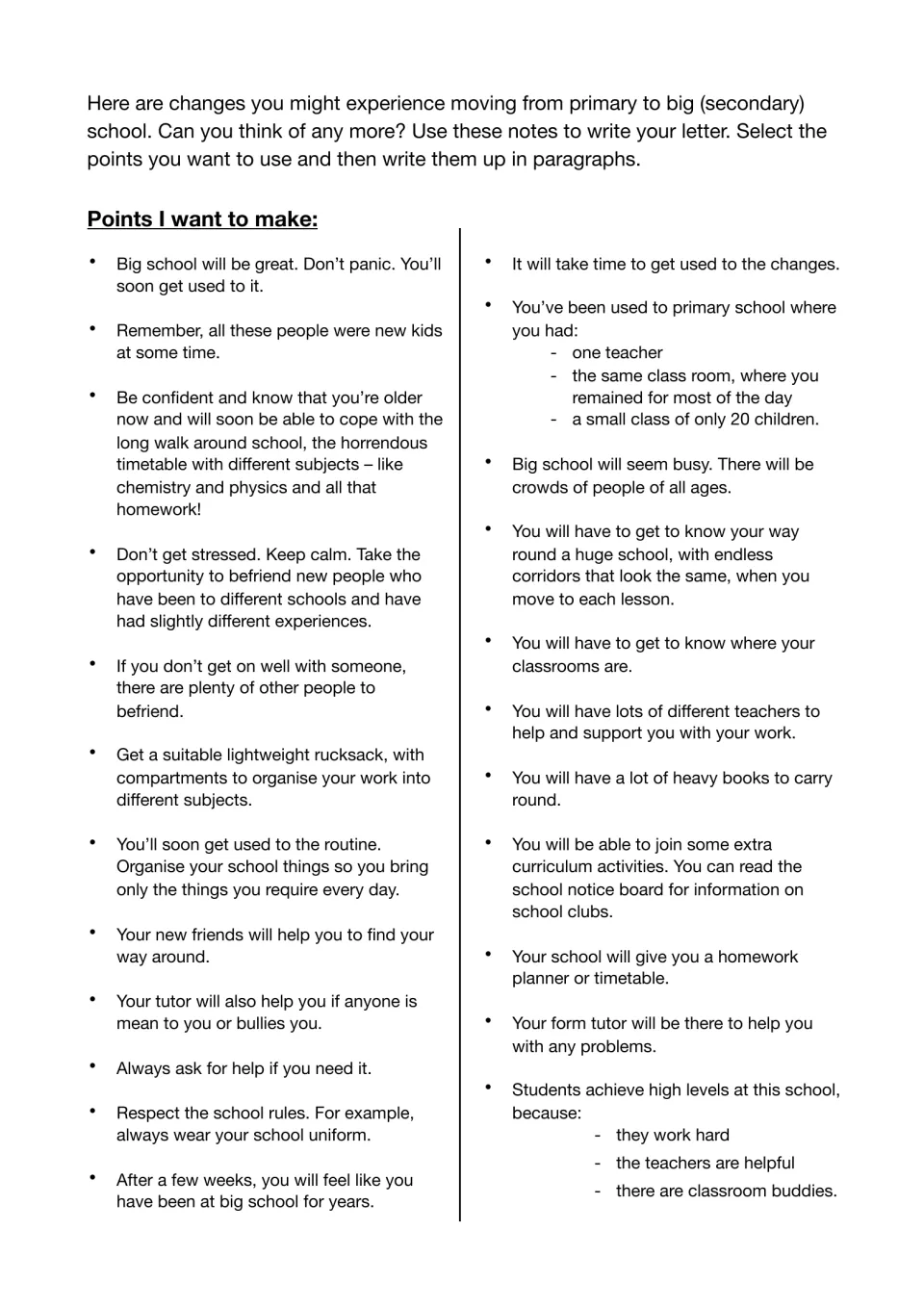 Advice-letter planning notes on starting secondary school, including friends, teachers, homework, and routines