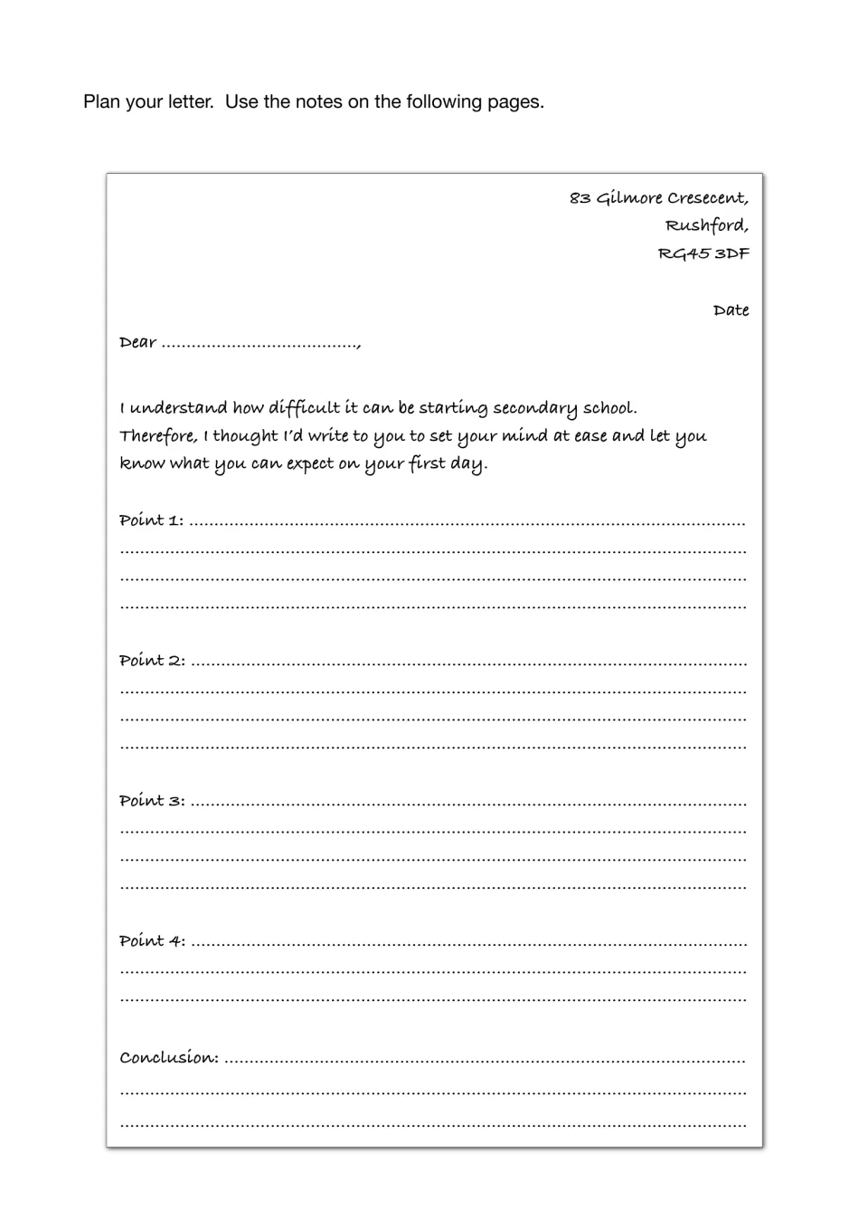 School advice-letter planner with a sample introduction, four points to develop, and a conclusion prompt