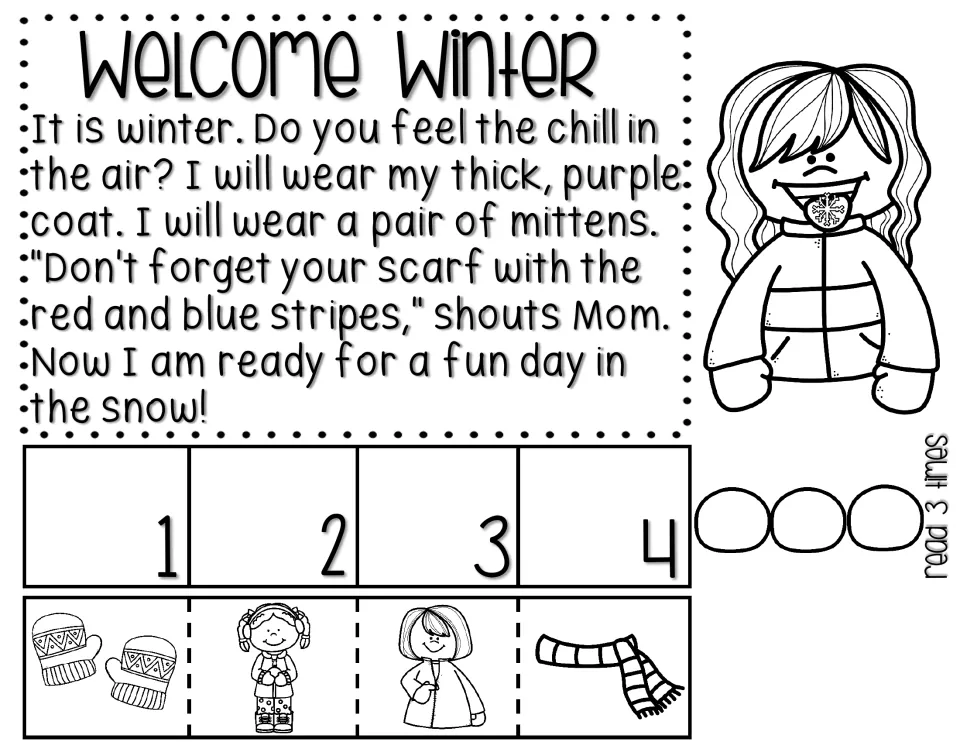 Winter clothes reading passage: students read it 3 times, then cut out mitten, coat and scarf pictures to sequence 1-4