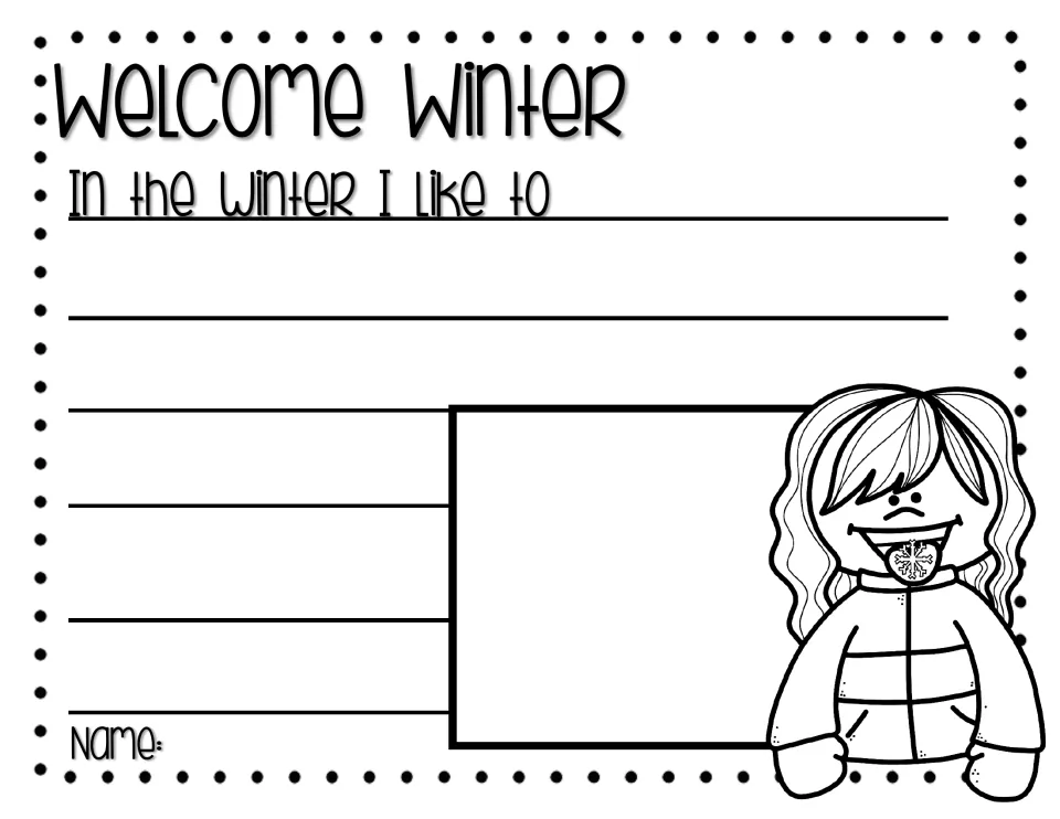 Winter writing prompt: students finish the sentence 'In the winter I like to' and draw a matching picture