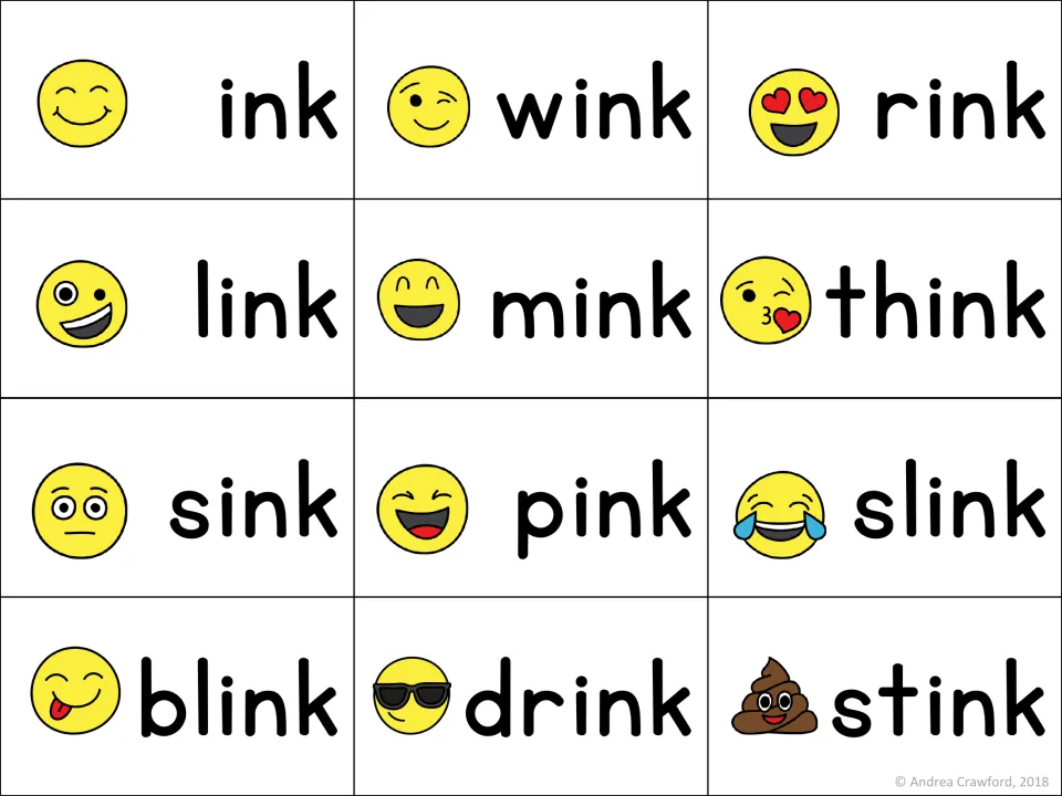 Word cards for -ink: students read ink, wink, rink, link, mink, think, sink, pink, slink, blink, drink and stink