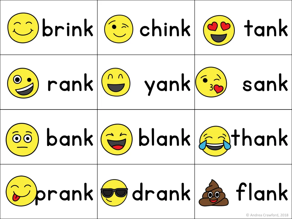Word cards for -ank and -ink: students read brink, chink, tank, rank, yank, sank, bank, blank, thank, prank, drank, flank