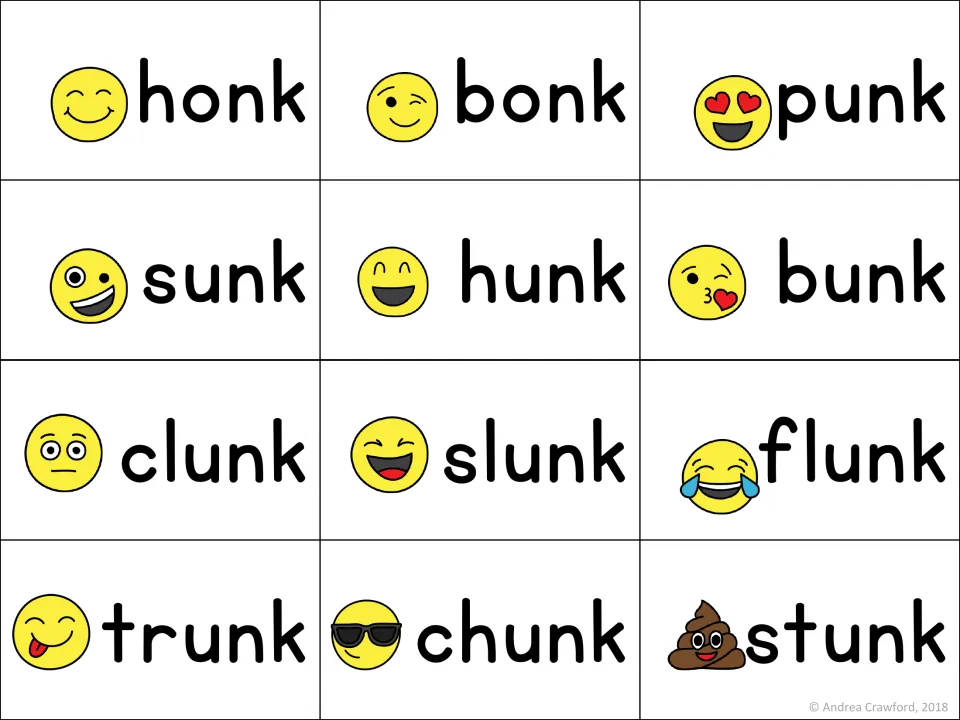 Word cards for -onk and -unk: students read honk, bonk, punk, sunk, hunk, bunk, clunk, slunk, flunk, trunk, chunk, stunk