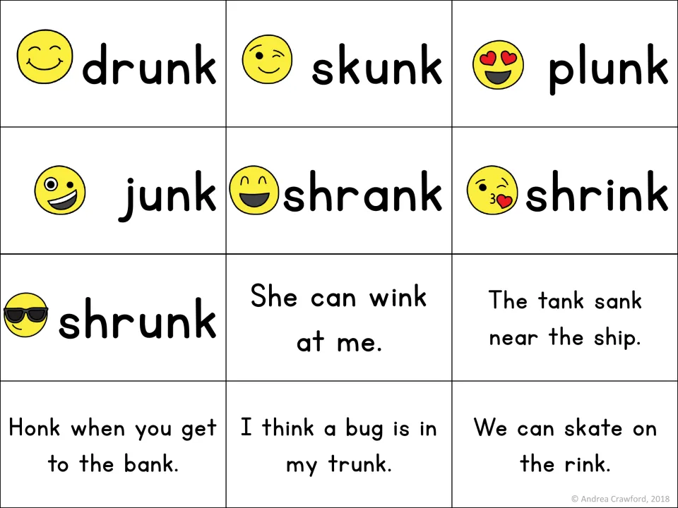 -nk word and sentence cards: students read skunk, shrink and shrunk plus sentences like The tank sank near the ship.