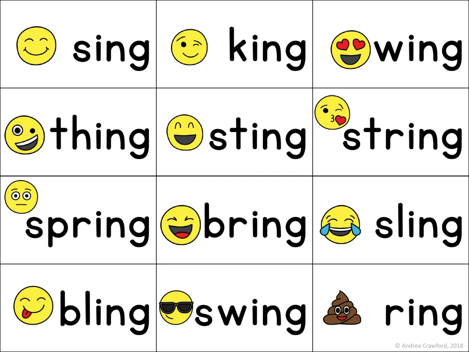 Word cards for -ing: students read sing, king, wing, thing, sting, string, spring, bring, sling, bling, swing and ring
