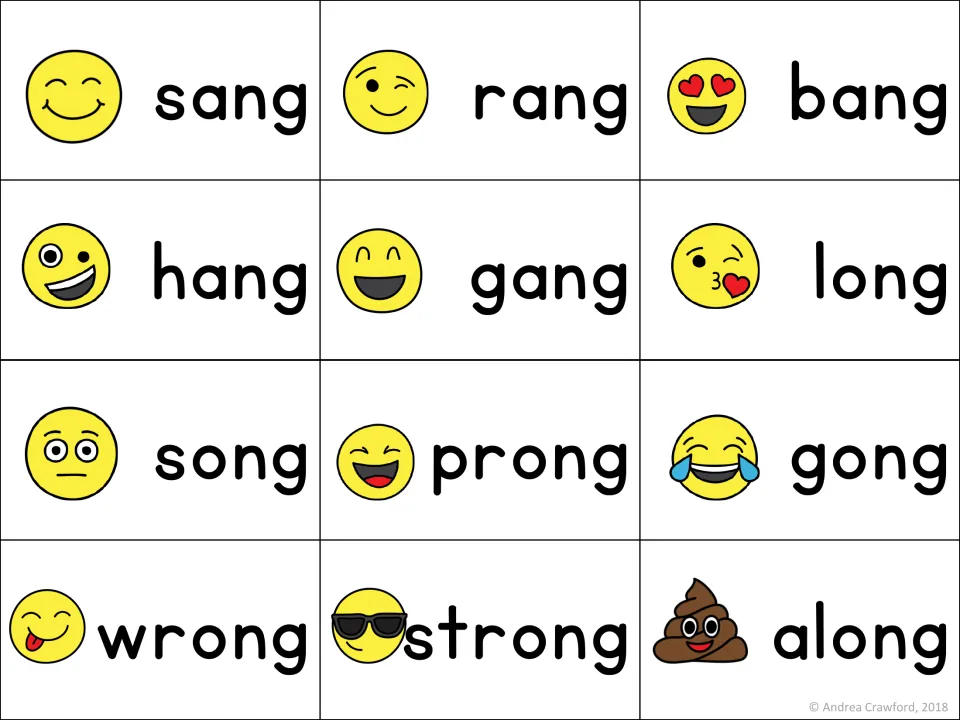 Word cards for -ang and -ong: students read sang, rang, bang, hang, gang, long, song, prong, gong, wrong, strong, along