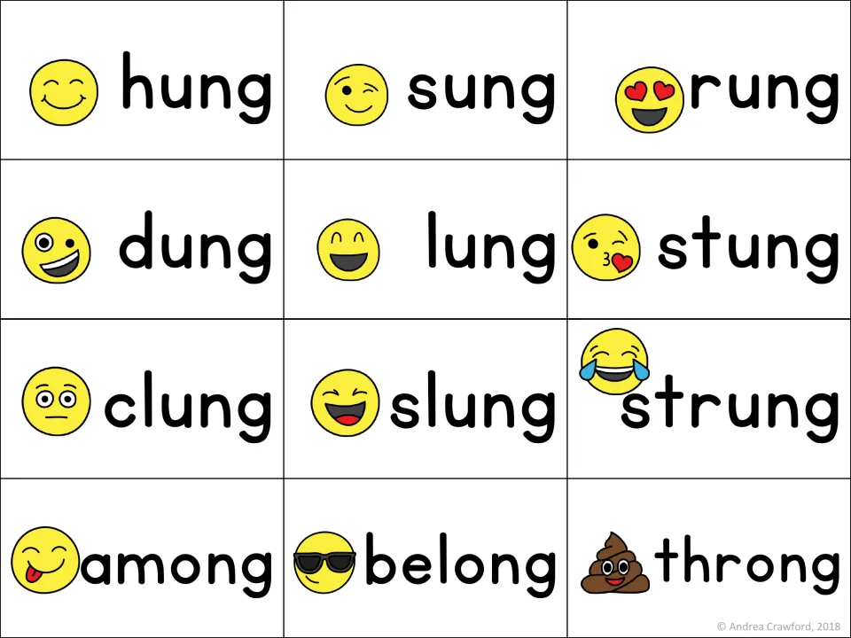 Word cards for -ung and -ong: students read hung, sung, rung, dung, lung, stung, clung, slung, strung, among, belong, throng