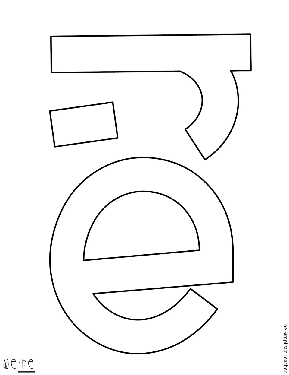 Letter cut-out piece: outlined apostrophe, r and e that finish the word we're, blank for any paper color
