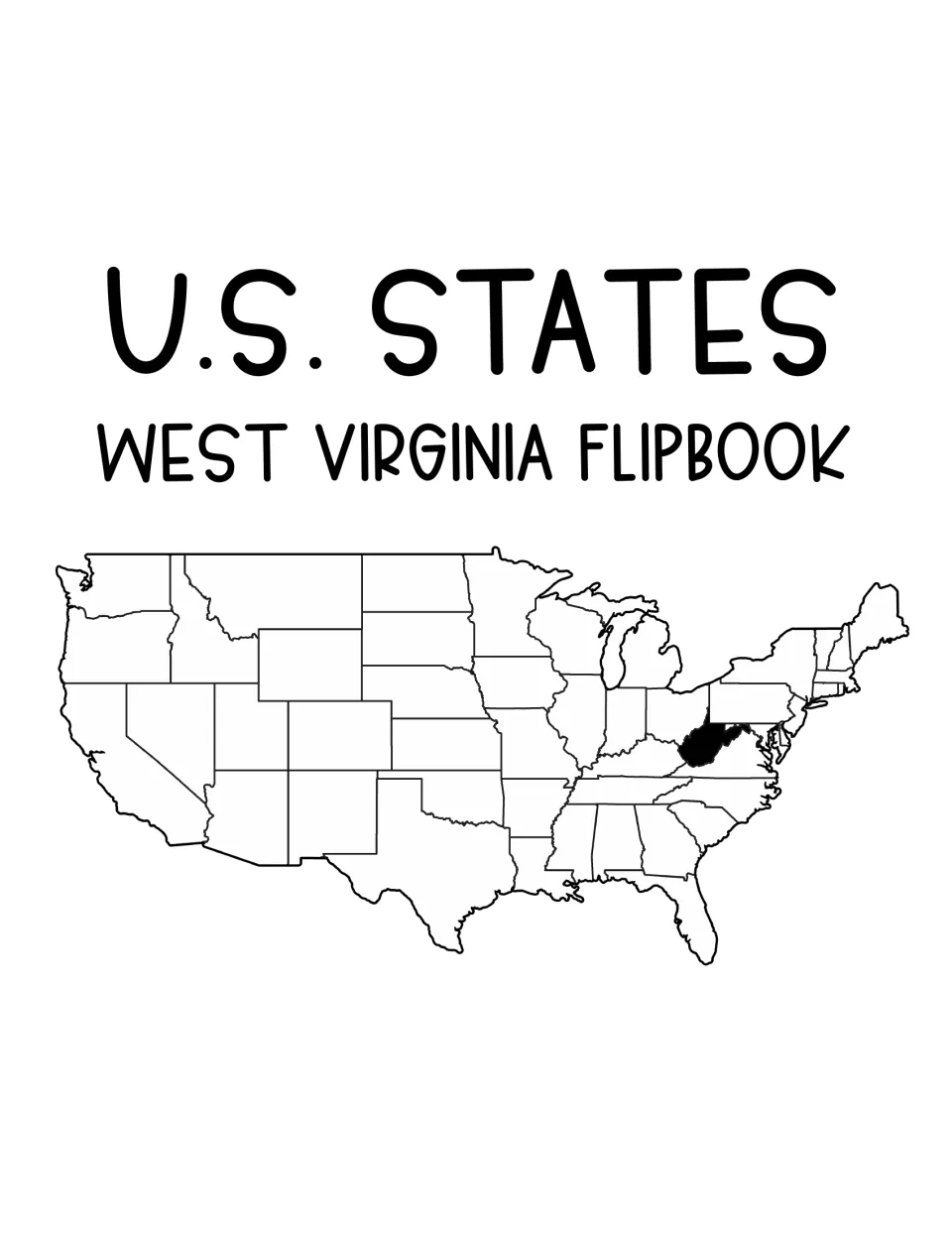 U.S. States West Virginia flipbook cover: title over a United States map with West Virginia shaded in black