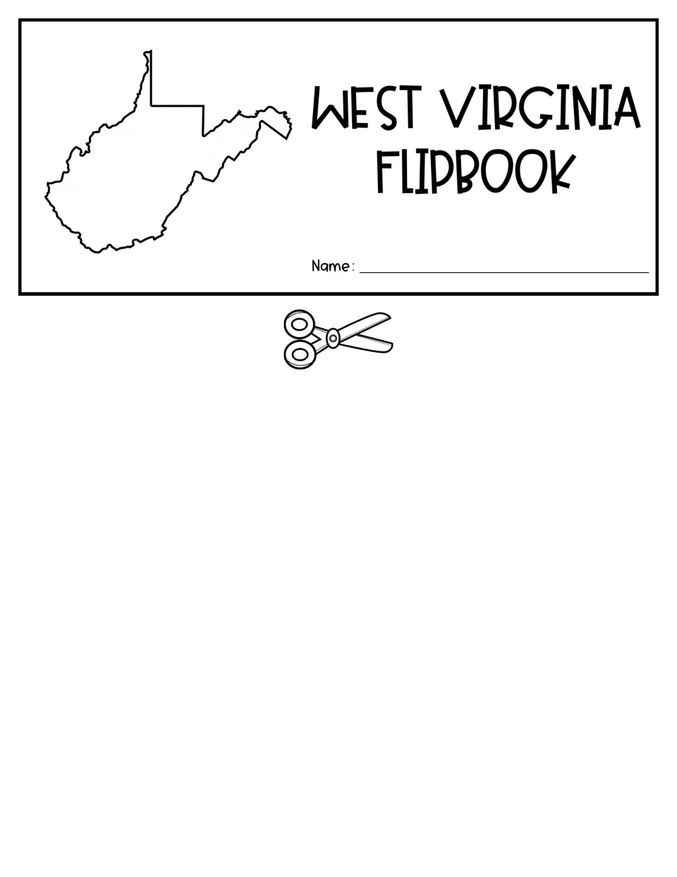 Flipbook title flap: West Virginia state outline beside the title and a Name: prompt, with scissors marking the cut