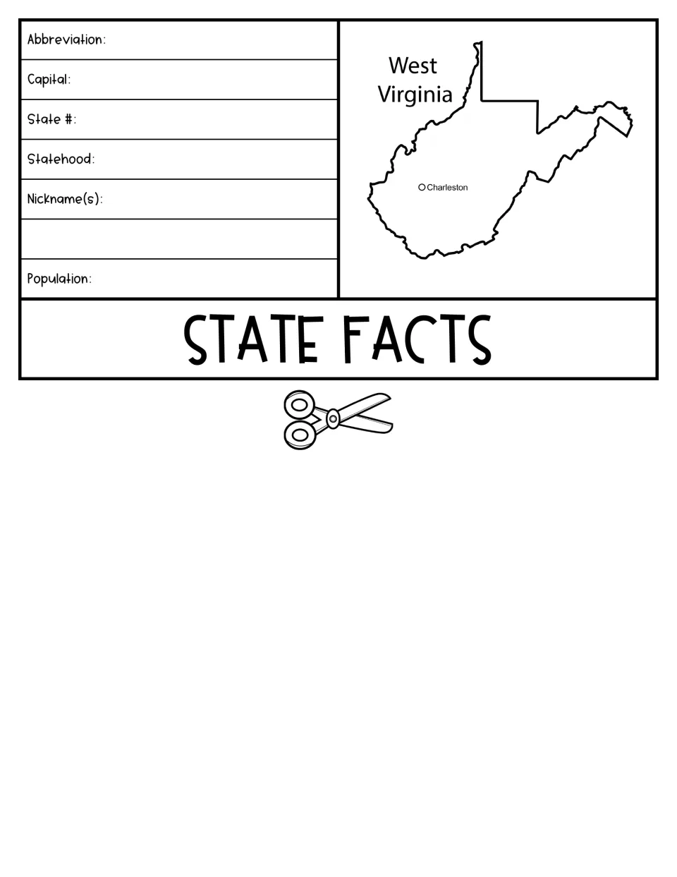 State facts flap: students record abbreviation, capital, state number, statehood, nicknames and population