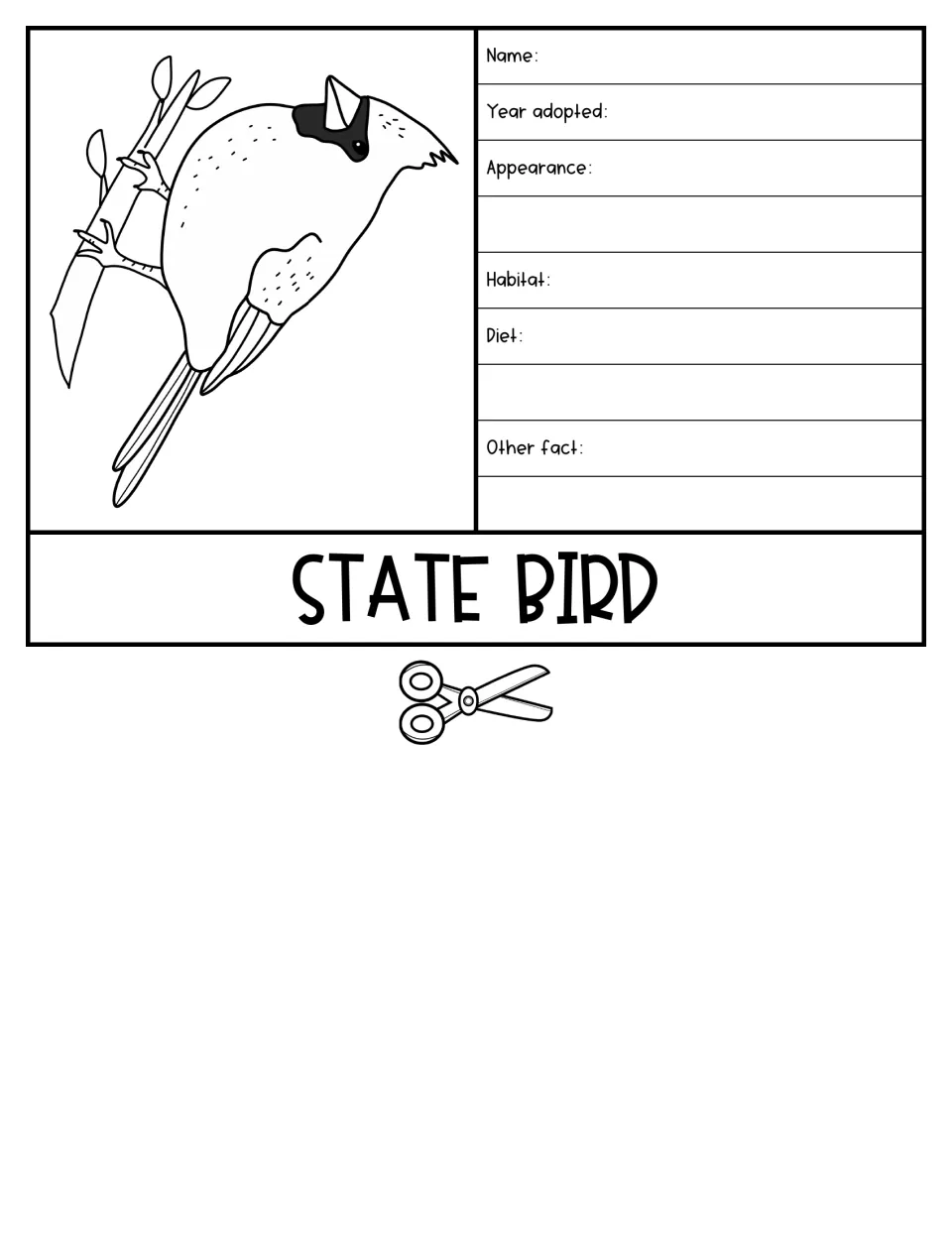 State bird flap: students write the bird's name, year adopted, appearance, habitat, diet and another fact