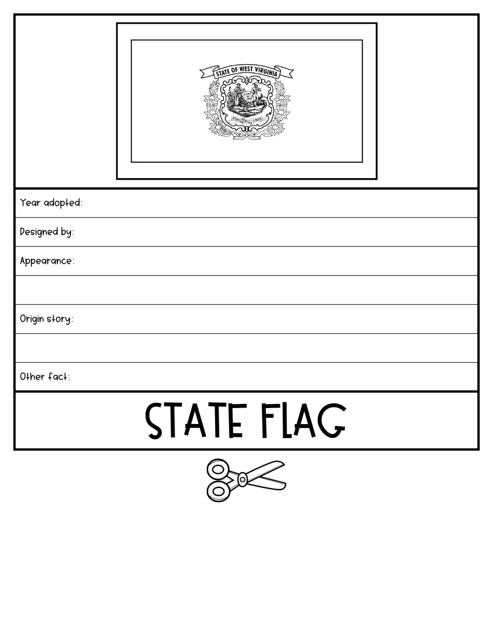 State flag flap: flag drawing with the state seal; students record year adopted, designer, appearance and origin story