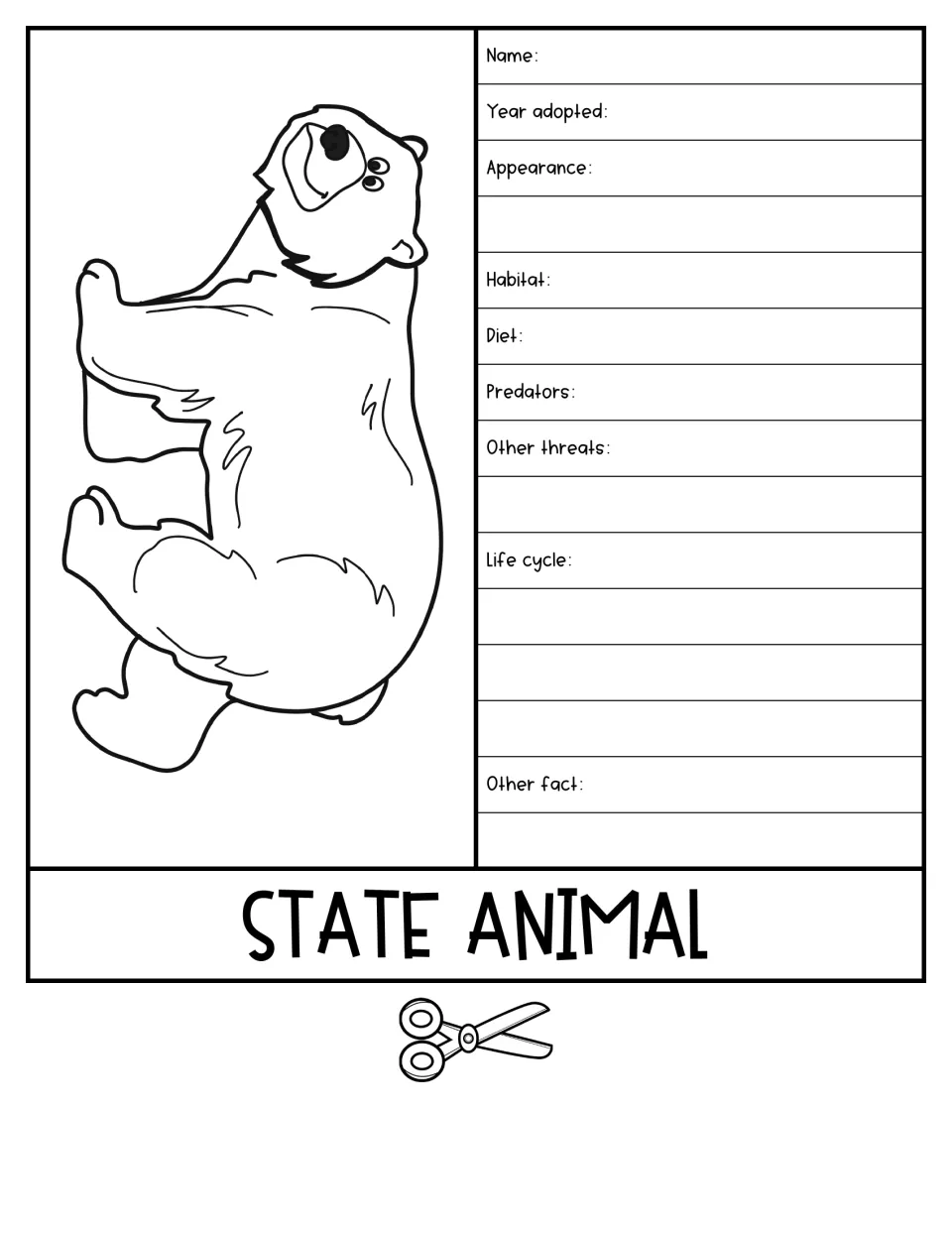 State animal flap with a bear drawing: students record name, habitat, diet, predators, threats and life cycle