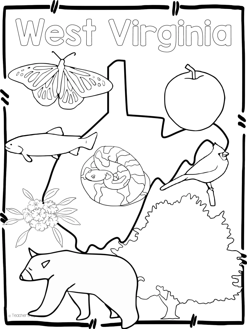 West Virginia coloring sheet: state outline, cardinal, trout, butterfly, apple, bear, snake, flowers and tree