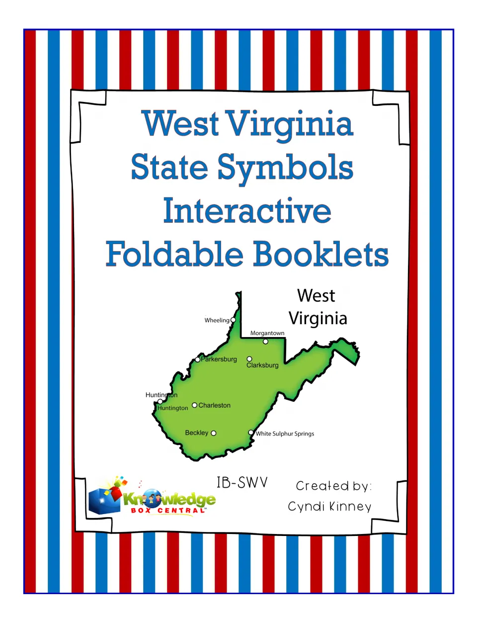 West Virginia state symbols foldable booklets cover with a green state map marking Charleston, Wheeling and other cities