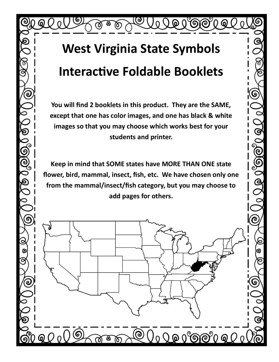 Intro note: two identical booklets, one in color and one black and white, with West Virginia shaded on a US map