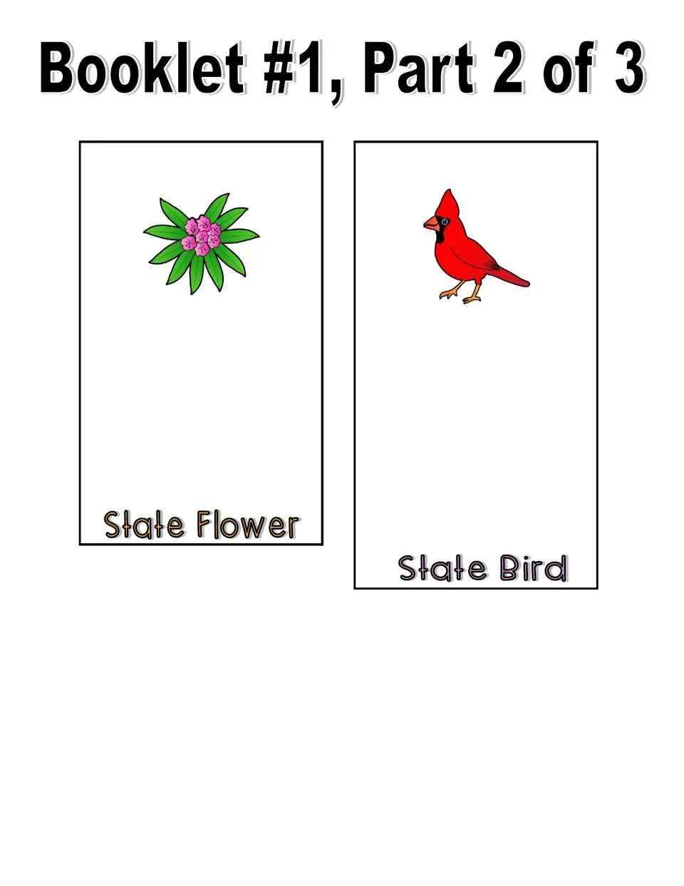 Color booklet part 2 cut-out pieces: a State Flower page with a pink blossom and a State Bird page with a red cardinal
