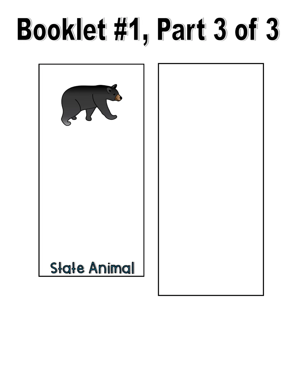 Color booklet part 3 cut-out pieces: a State Animal page showing a black bear and a blank extra page for another symbol