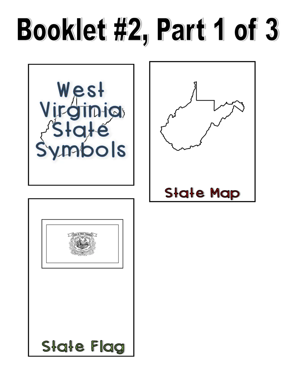 Black and white booklet part 1 cut-out pieces: state symbols title page, outline map page and line-art state flag page