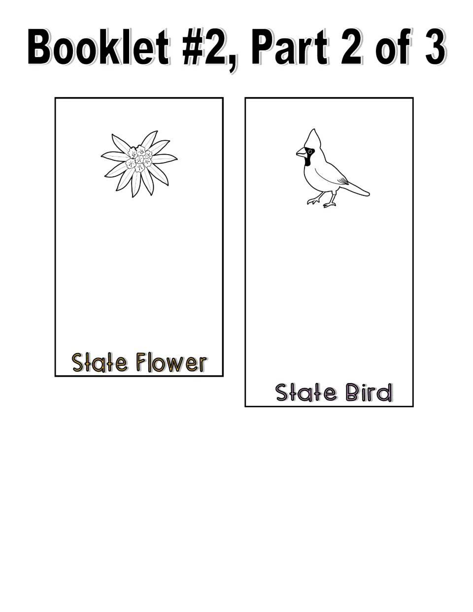 Black and white booklet part 2 cut-out pieces: a line-art State Flower page and a State Bird page with a cardinal