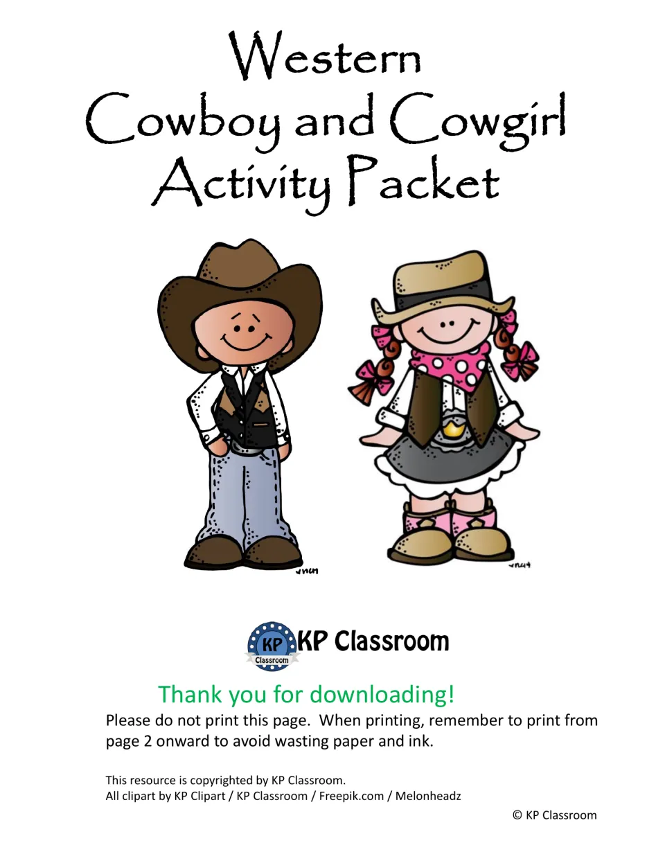 Western Cowboy and Cowgirl Activity Packet cover, with instructions to begin printing at page 2