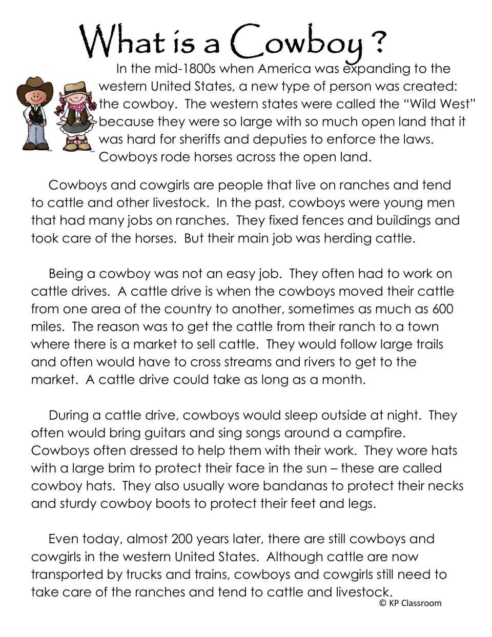 Nonfiction passage 'What is a Cowboy?' explains ranch work, cattle drives, clothing, and cowboys today