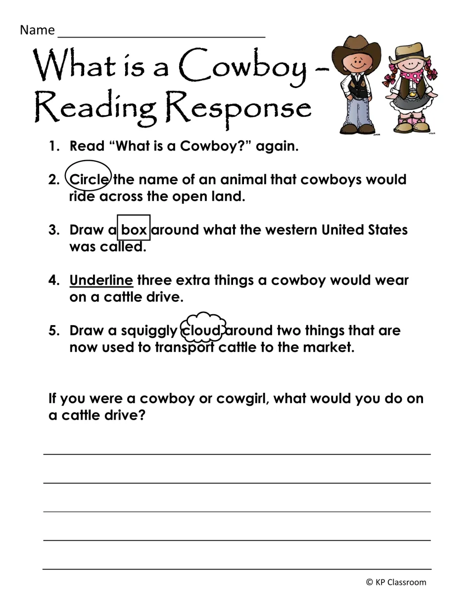 Cowboy nonfiction response asks students to mark details in the passage and write about a cattle drive