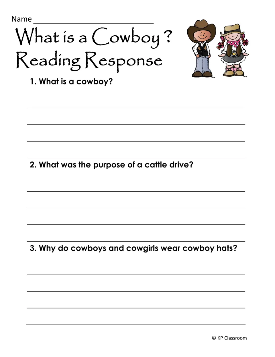 Cowboy nonfiction response asks what a cowboy is, why cattle drives happened, and why cowboys wear hats