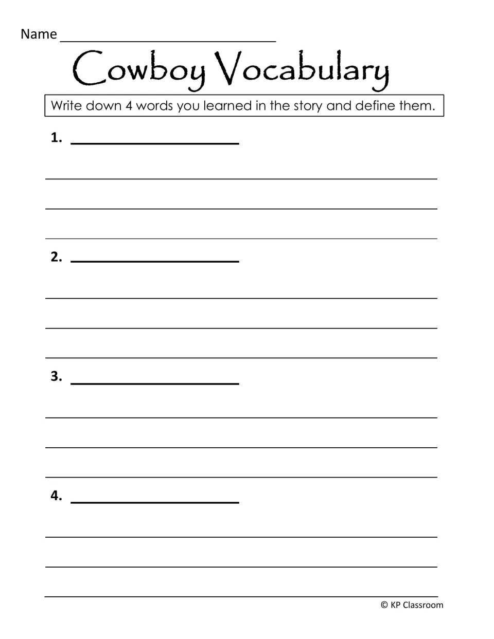 Cowboy Vocabulary activity asks students to choose four words learned in the reading and define each
