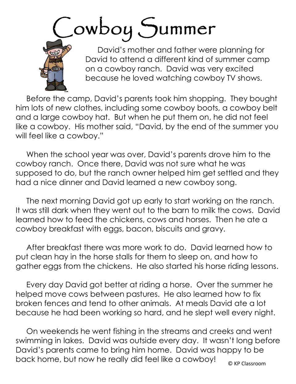 Fiction passage 'Cowboy Summer' follows David at ranch camp as he learns animal care and horseback riding