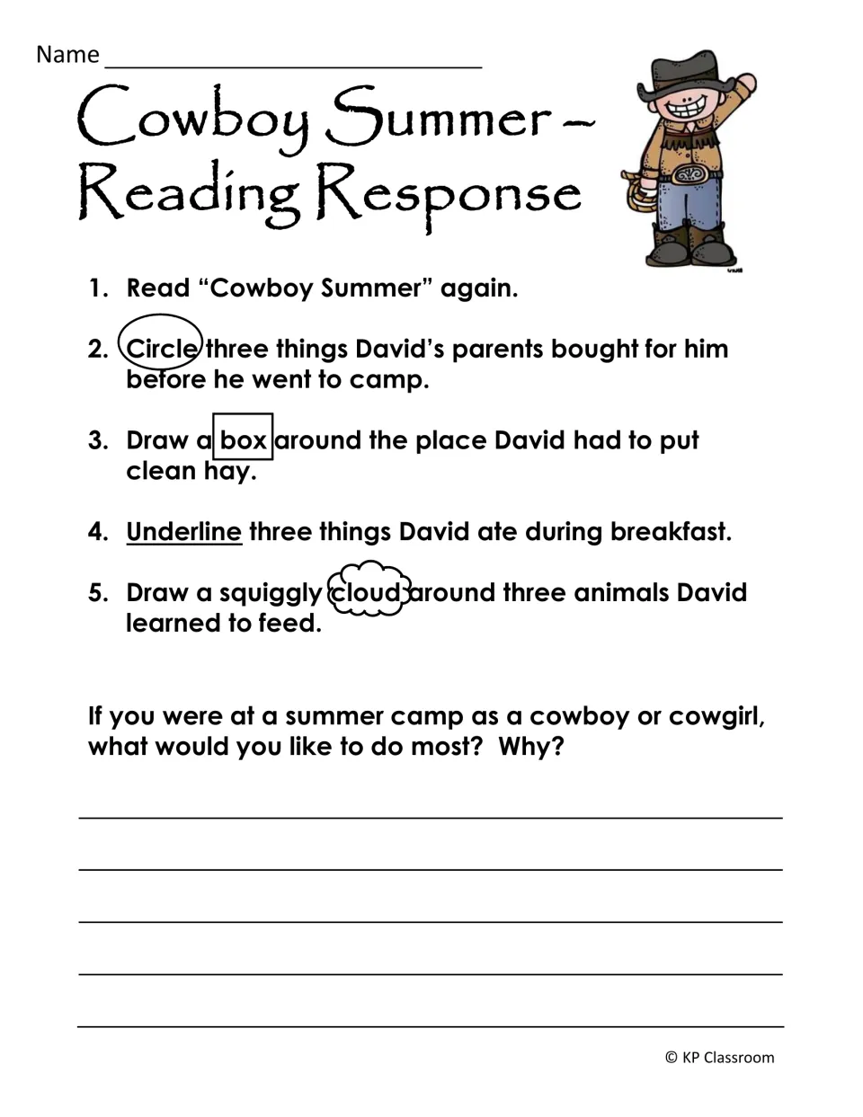 Cowboy Summer response asks students to mark story details and explain their preferred ranch camp activity