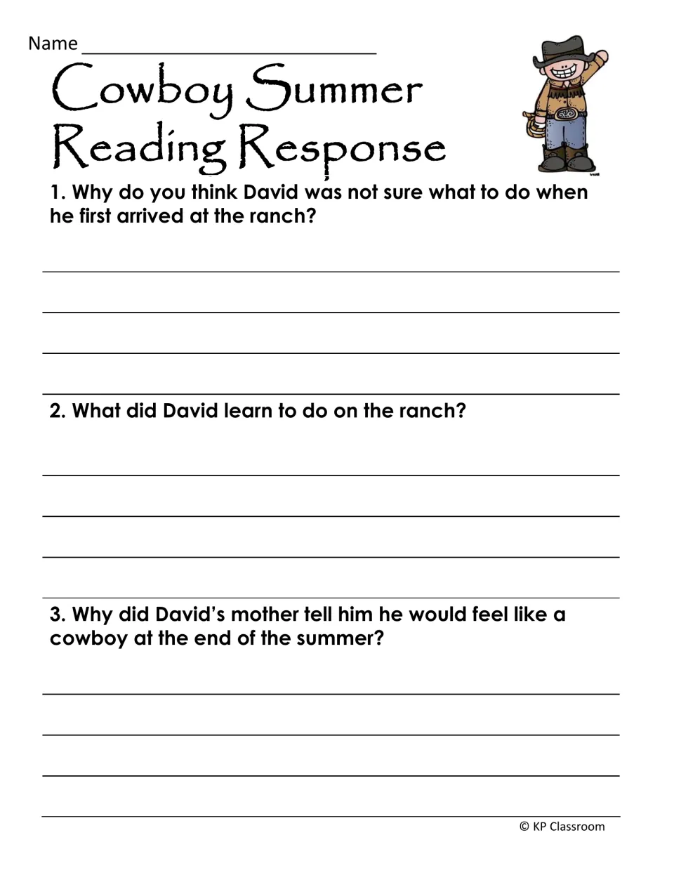Cowboy Summer response asks why David felt unsure, what he learned, and why he would feel like a cowboy