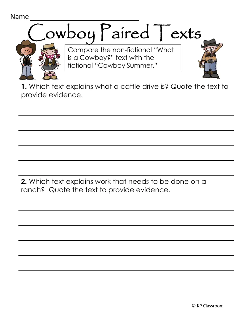 Cowboy Paired Texts asks students to compare both readings and quote evidence about cattle drives and ranch work