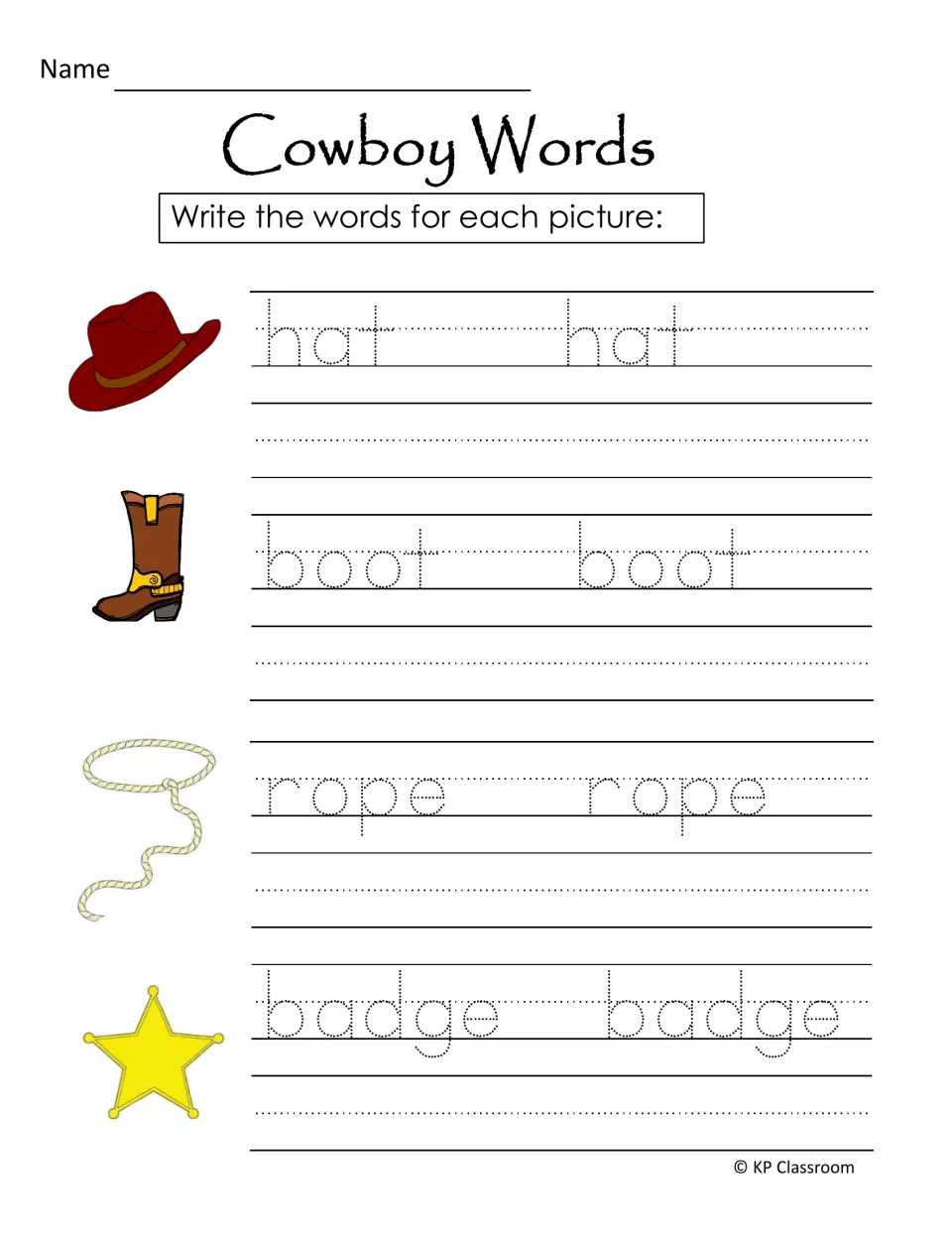 Cowboy Words handwriting practice pairs pictures of a hat, boot, rope, and badge with matching words to trace