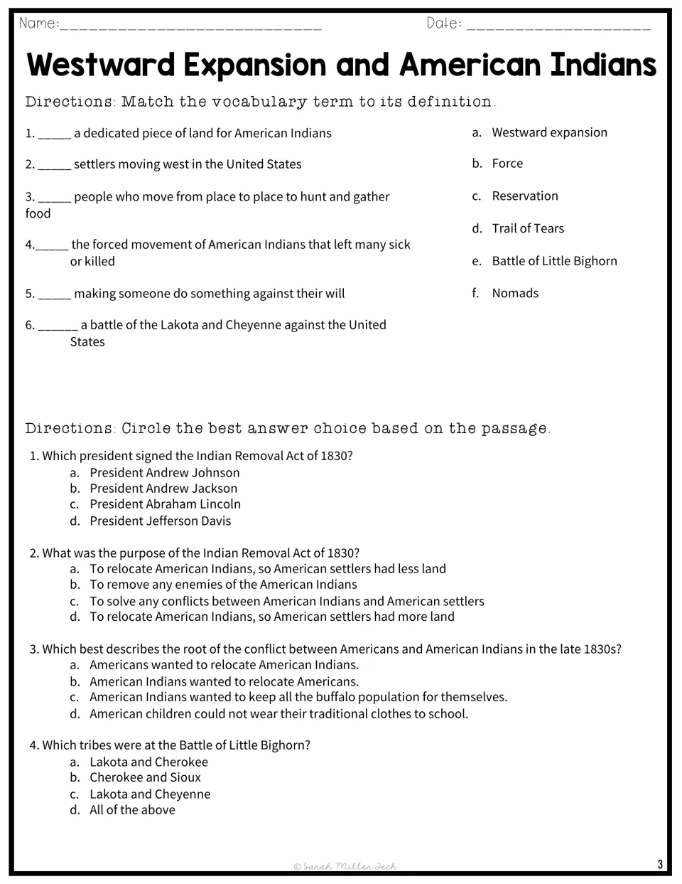 Vocabulary matching and four comprehension questions cover Indian removal, nomads, and Little Bighorn.
