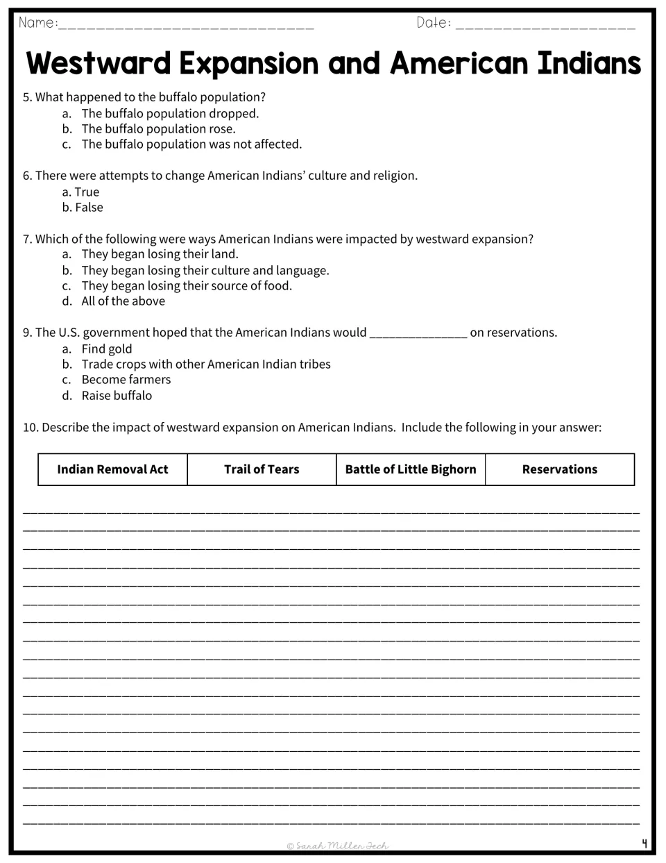 Comprehension questions address buffalo, cultural changes, and reservations, followed by a written response.