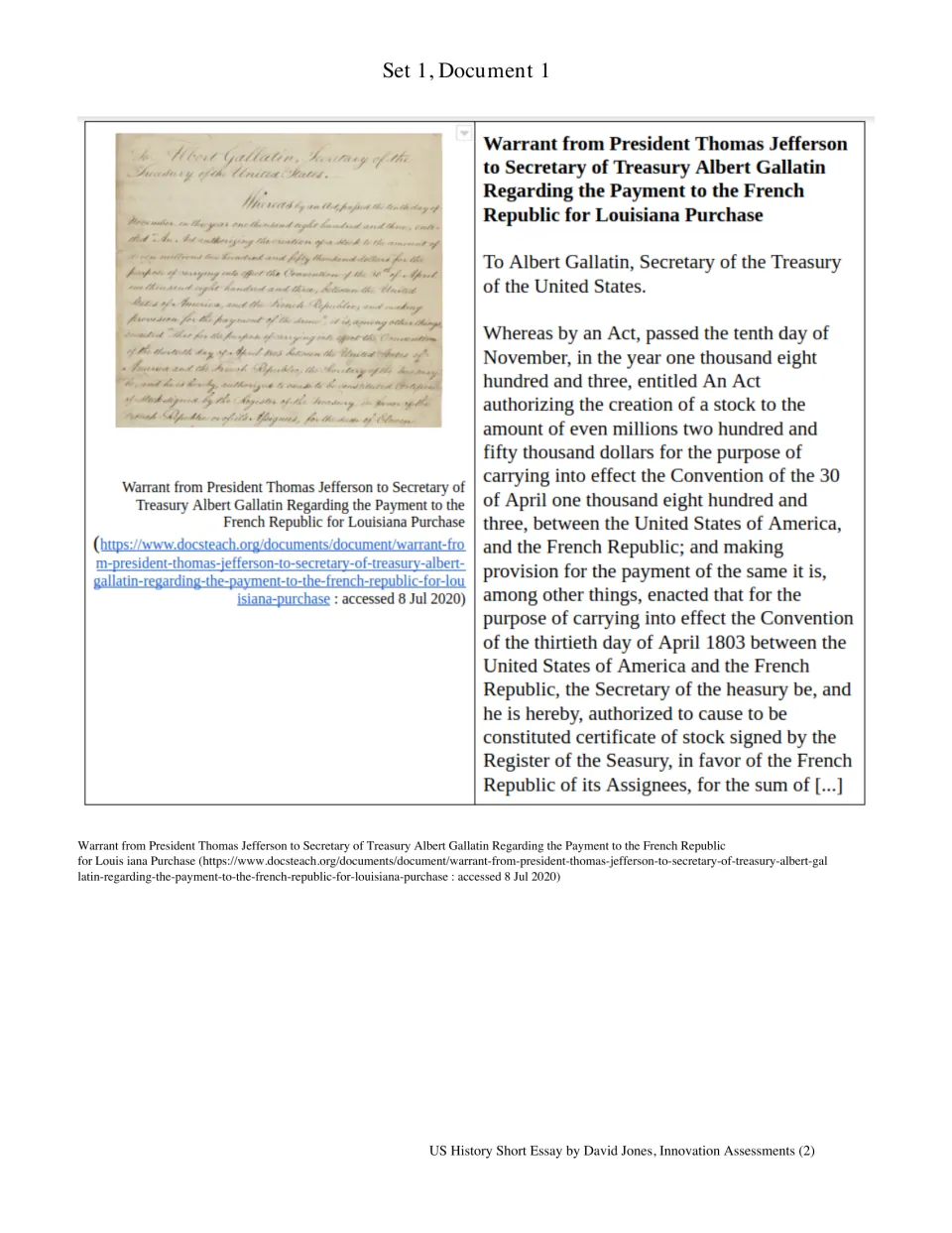 Louisiana Purchase primary source: Jefferson's warrant to Albert Gallatin on payment to France, with transcription