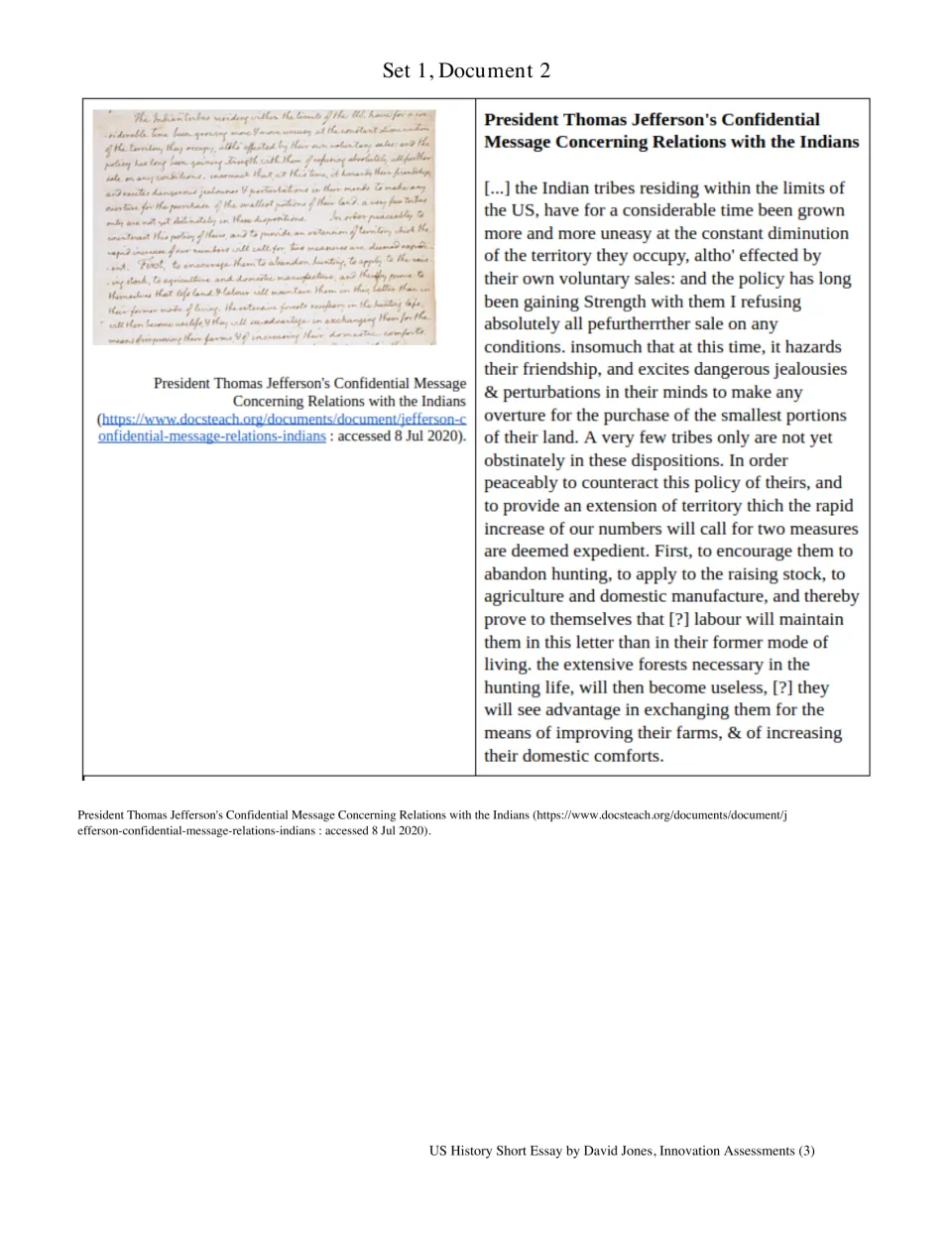 Jefferson's confidential message on relations with Native tribes, handwritten original beside a transcribed excerpt